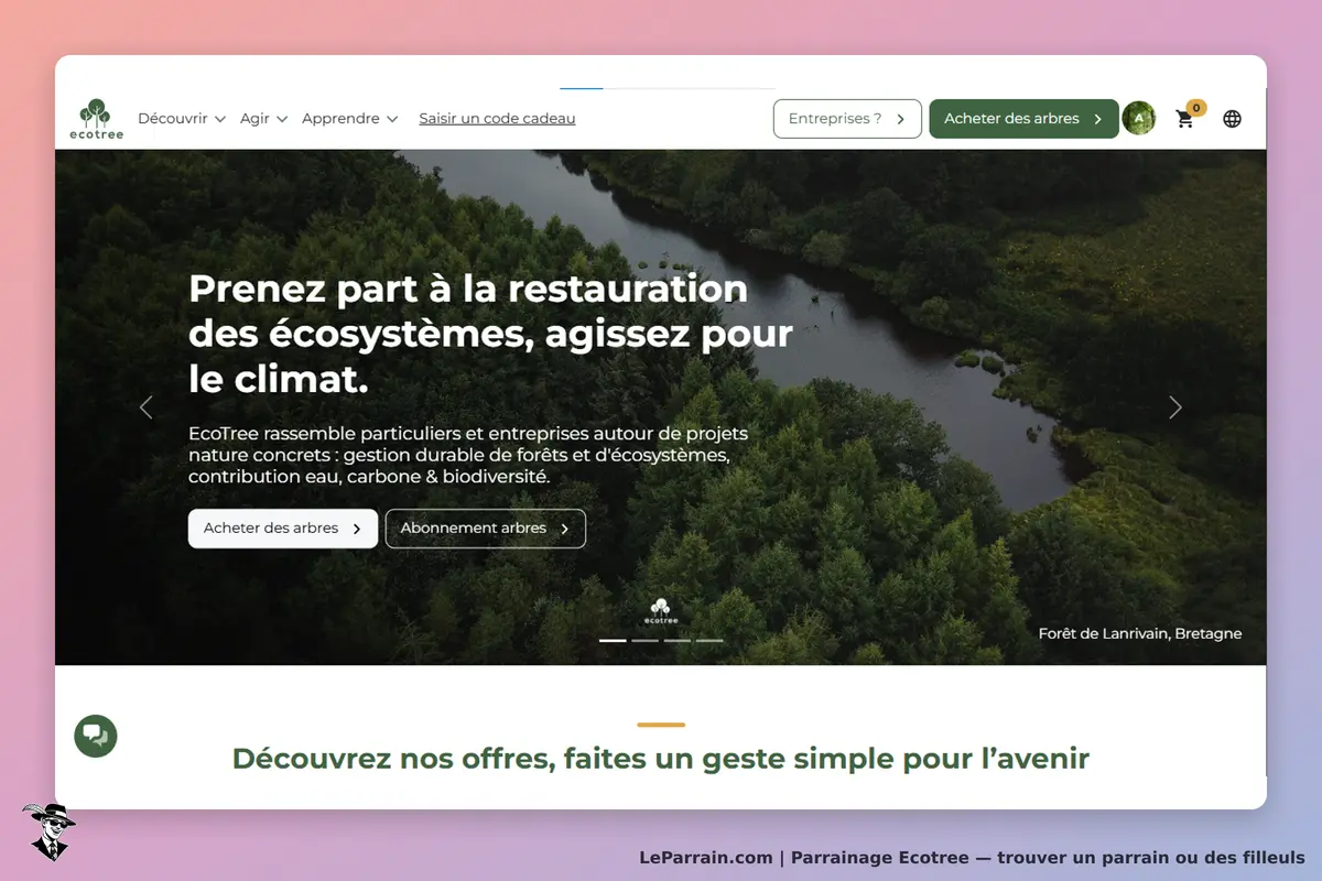 Ecotree : page d'accueil avec un paysage forestier et des options pour acheter des arbres