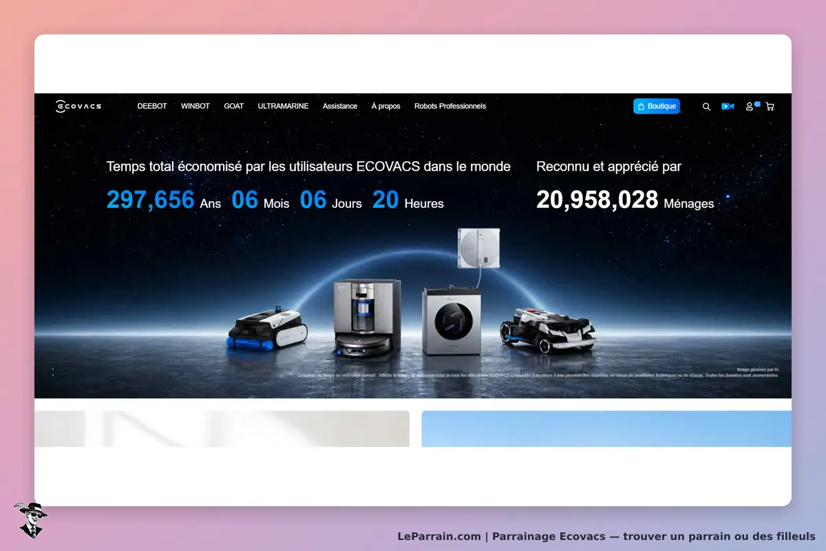 Ecovacs : page d'accueil avec plusieurs robots et un compteur de temps économisé par les