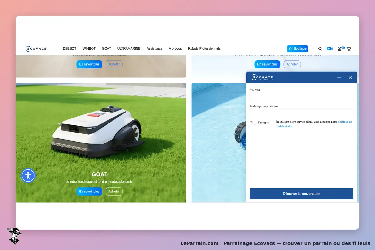 Ecovacs : page d'accueil présentant le robot tondeuse GOAT sur une pelouse verte