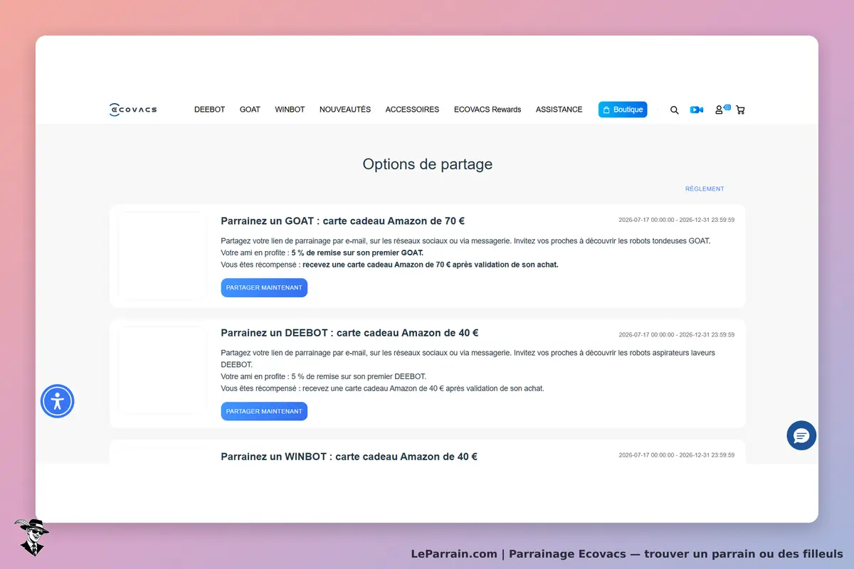 Ecovacs : options de partage pour parrainer des produits avec des descriptions et boutons