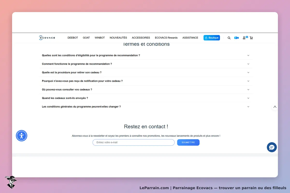 Ecovacs : page des termes et conditions avec questions fréquentes et formulaire d'inscription