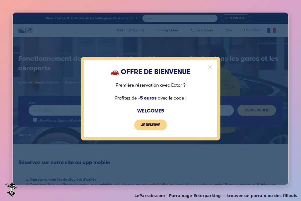 Ectorparking : page d'accueil avec une offre de bienvenue et un formulaire de réservation