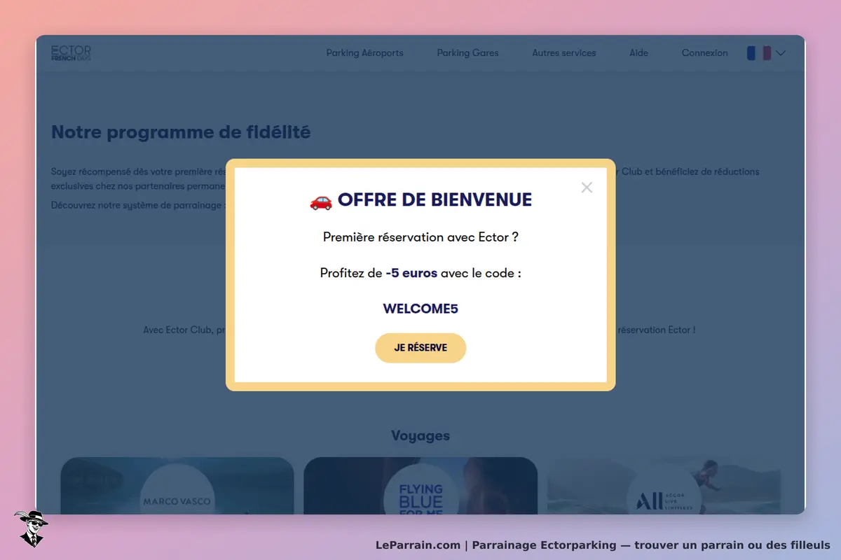 Ectorparking : fenêtre d'offre de bienvenue sur la page d'accueil avec code promo