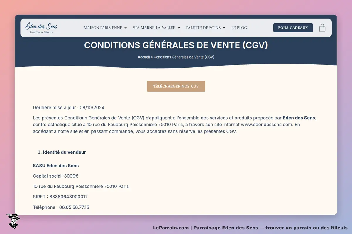 Eden des Sens : page des conditions générales de vente avec informations de contact et