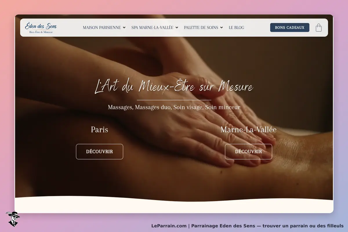 Eden des Sens : page d'accueil avec un visuel de massage et deux boutons "Découvrir"