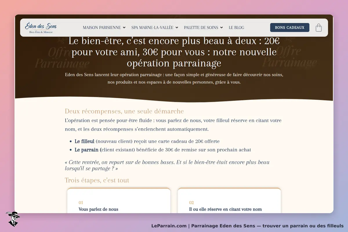 Eden des Sens : page d'accueil présentant l'opération de parrainage et ses étapes
