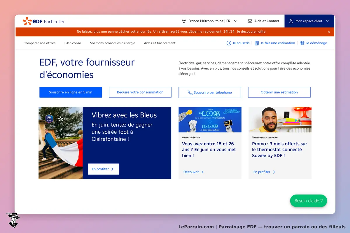 Page d'accueil EDF avec offres d'économies d'énergie et promotions actuelles.