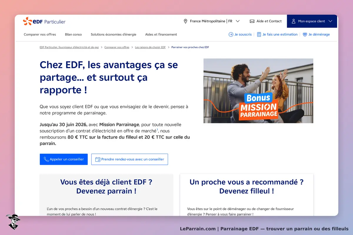 Promotion du parrainage EDF avec avantages financiers et conseils pour devenir parrain.