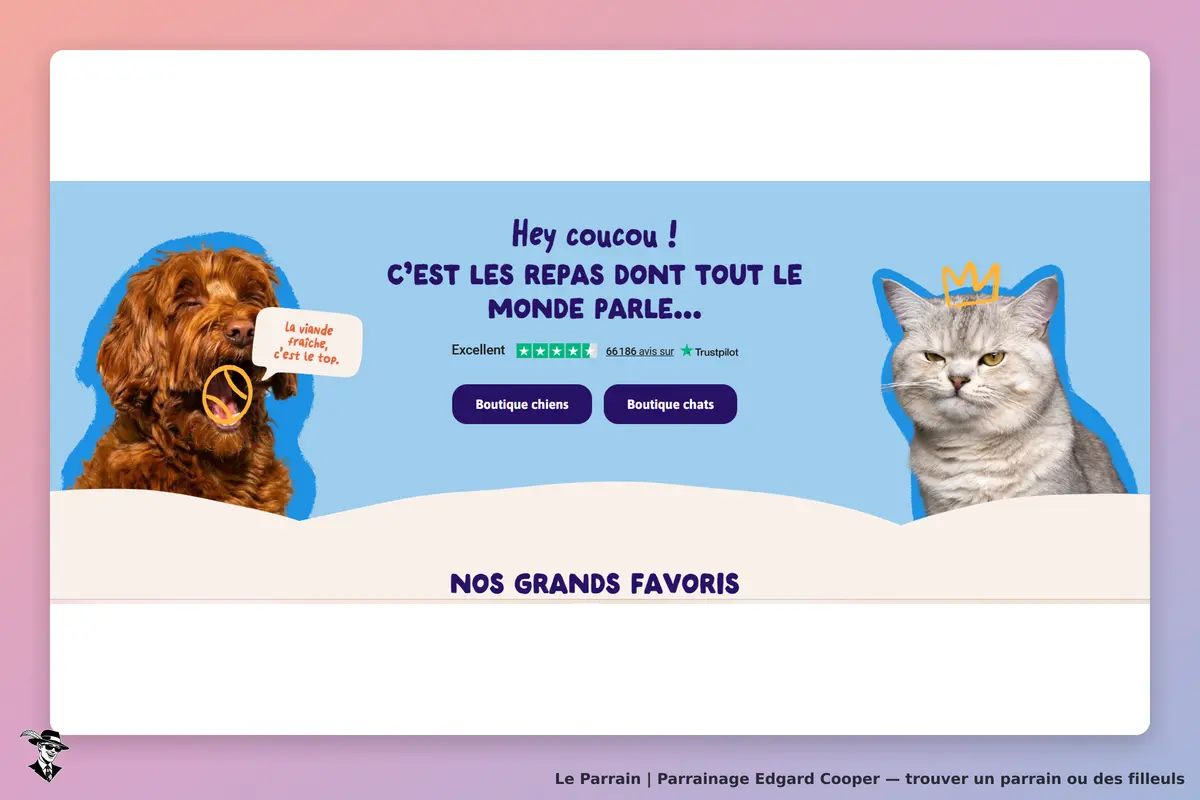 Edgard Cooper : page d'accueil avec un chien et un chat, boutons pour boutiques chiens et chats