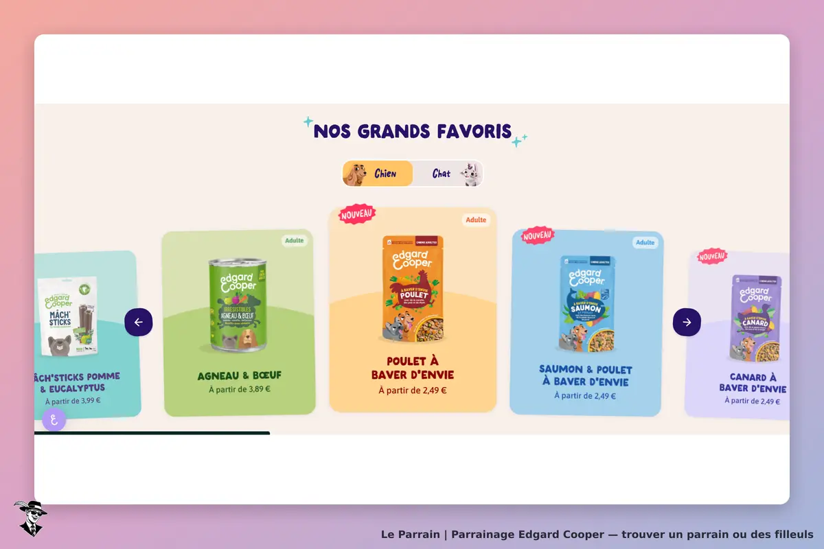 Edgard Cooper : section "Nos grands favoris" avec plusieurs produits pour chiens et chats
