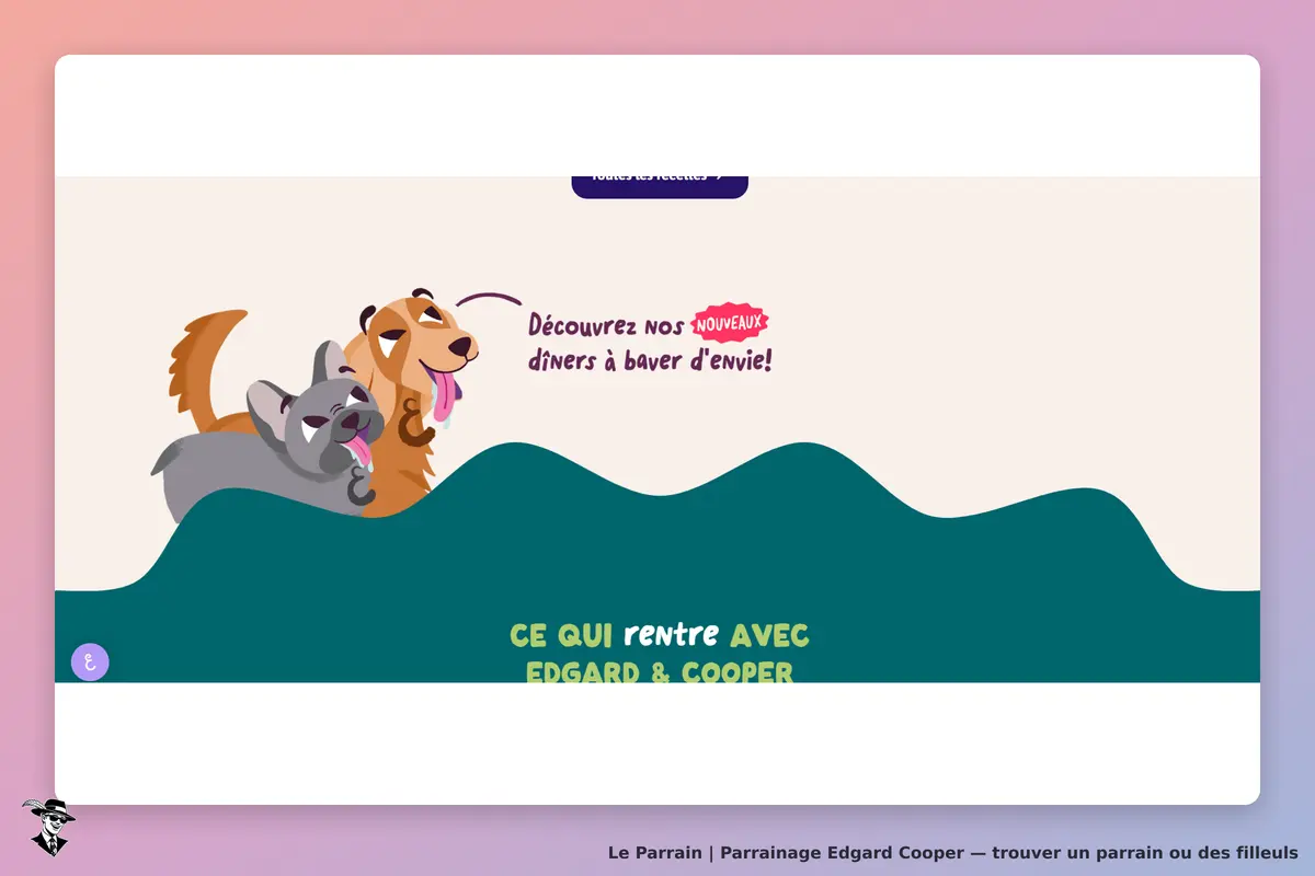 Edgard Cooper : illustration de chiens avec un texte sur des dîners à découvrir