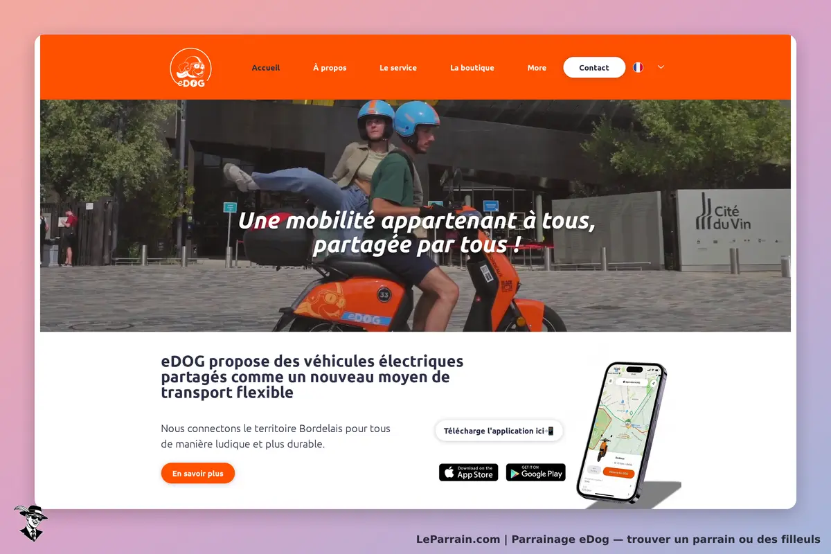 eDog : page d'accueil présentant un scooter électrique et un smartphone avec une carte