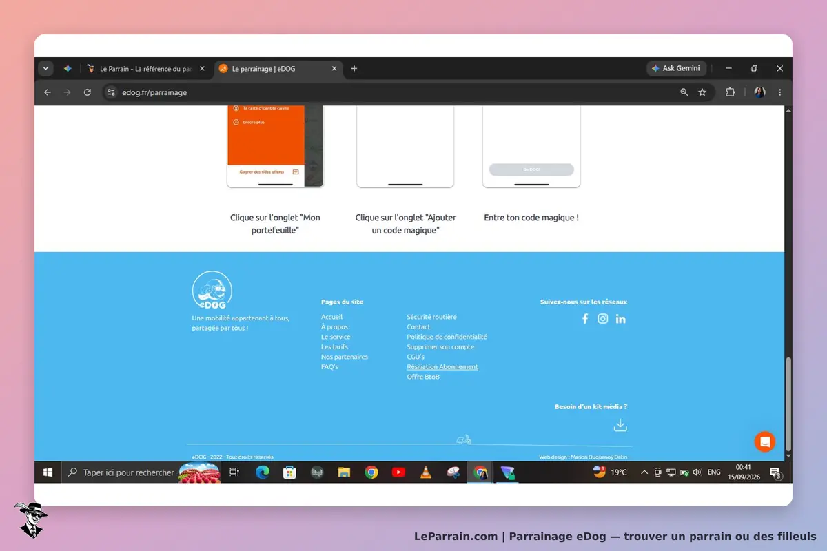 eDog : page d'accueil avec instructions pour ajouter un code magique et menu en bas
