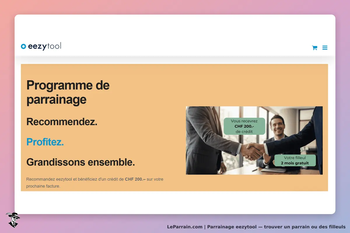 eezytool : page d'accueil présentant le programme de parrainage avec des visuels de partenaires