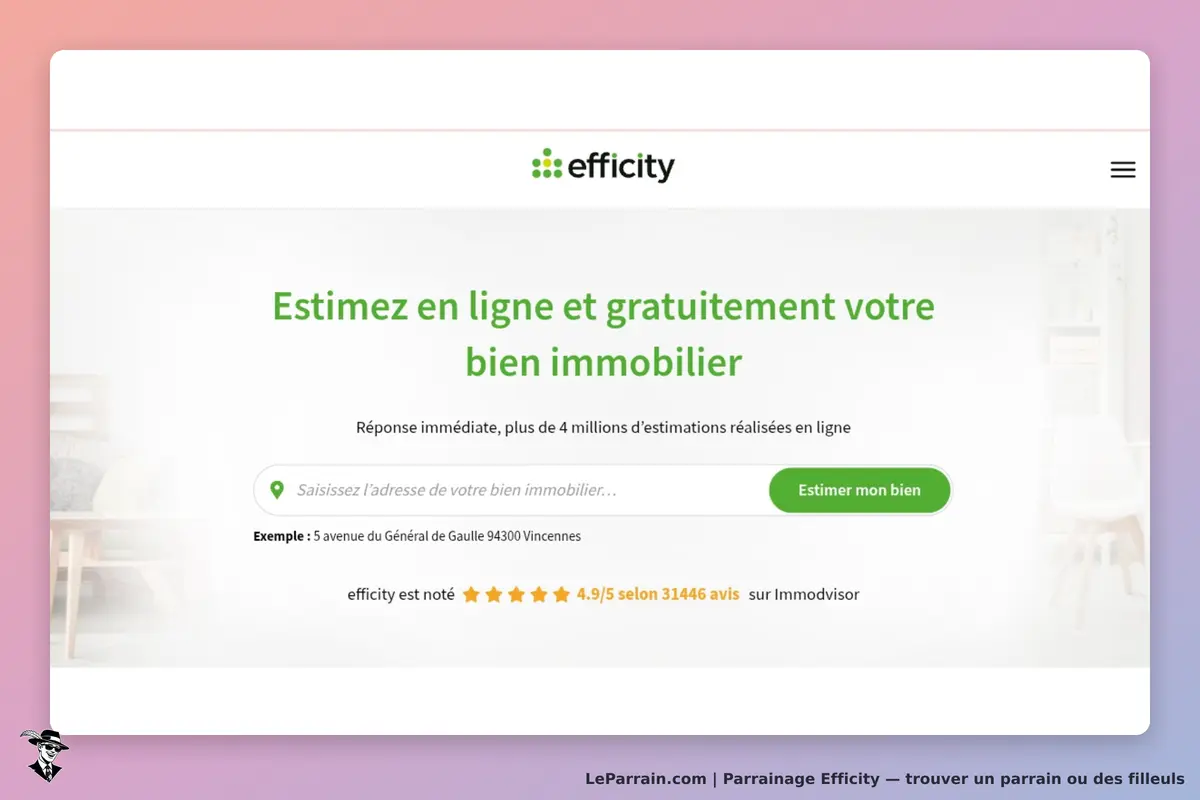 Efficity : page d'accueil avec formulaire d'estimation de bien immobilier et avis utilisateur