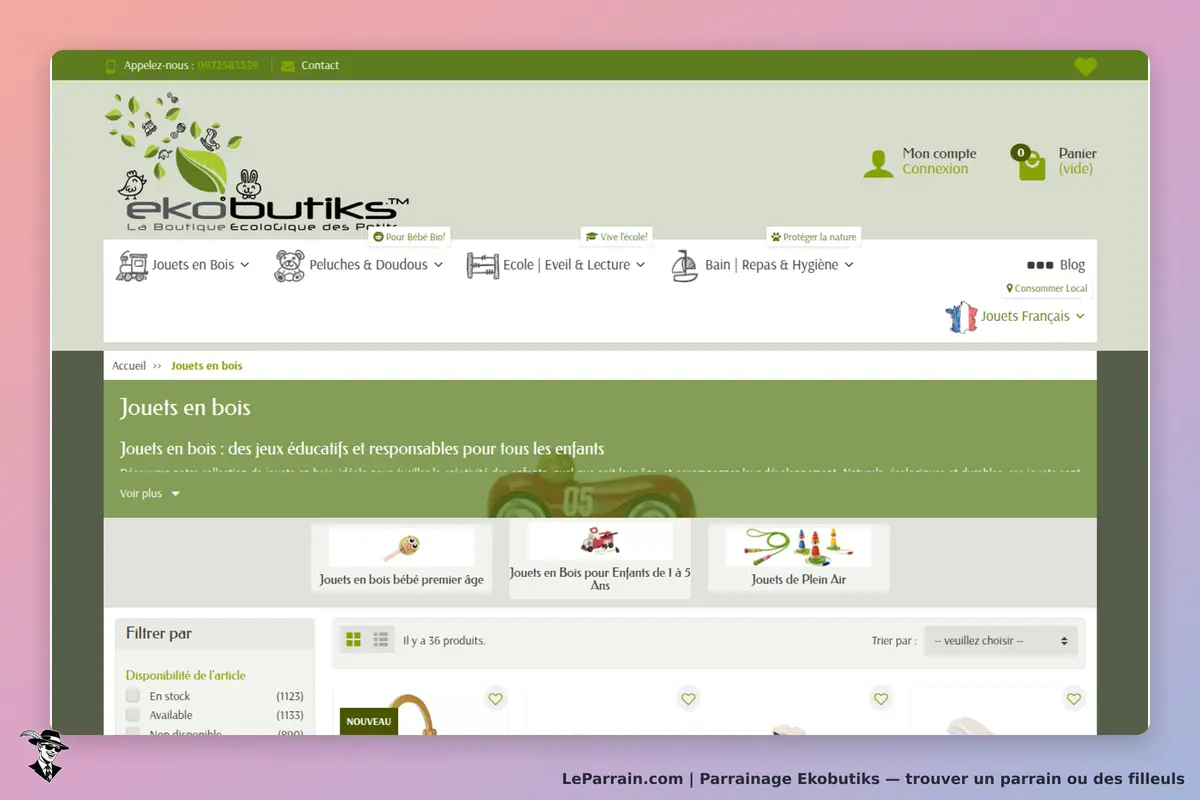 Ekobutiks : page d'accueil avec des jouets en bois et options de filtrage pour les produits