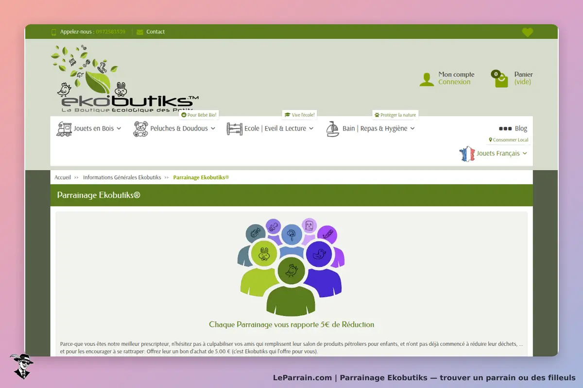 Ekobutiks : page d'accueil avec menu et section sur le parrainage affichant des icônes