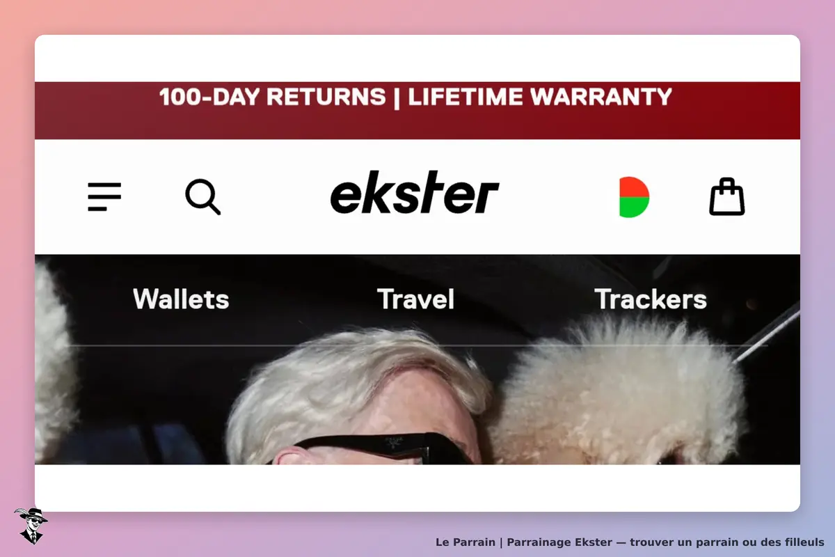 Ekster : barre de navigation avec catégories de produits et logo de la marque