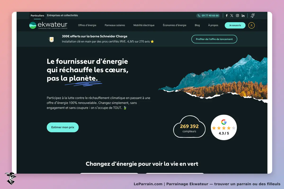 Page d'accueil Ekwateur, fournisseur d'énergie renouvelable et engagement écologique.