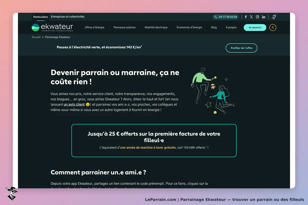 Capture d'écran du site Ekwateur sur le parrainage et les économies d'énergie.