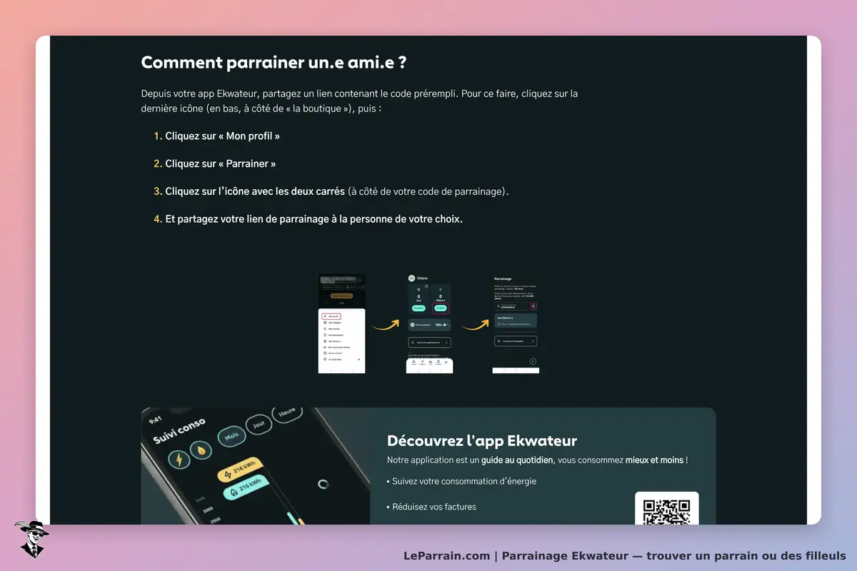 Instructions pour parrainer via l'app Ekwateur avec étapes illustrées.
