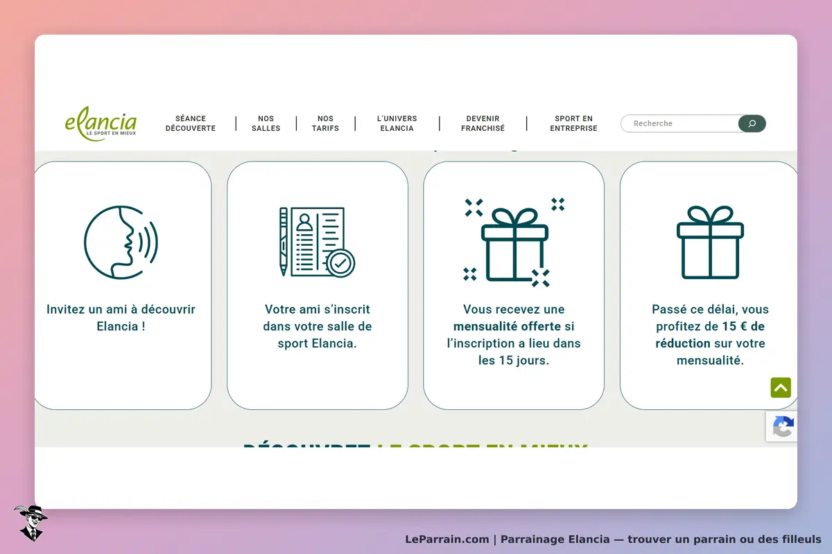 Elancia : page d'accueil avec des icônes et des textes sur le parrainage et les avantages