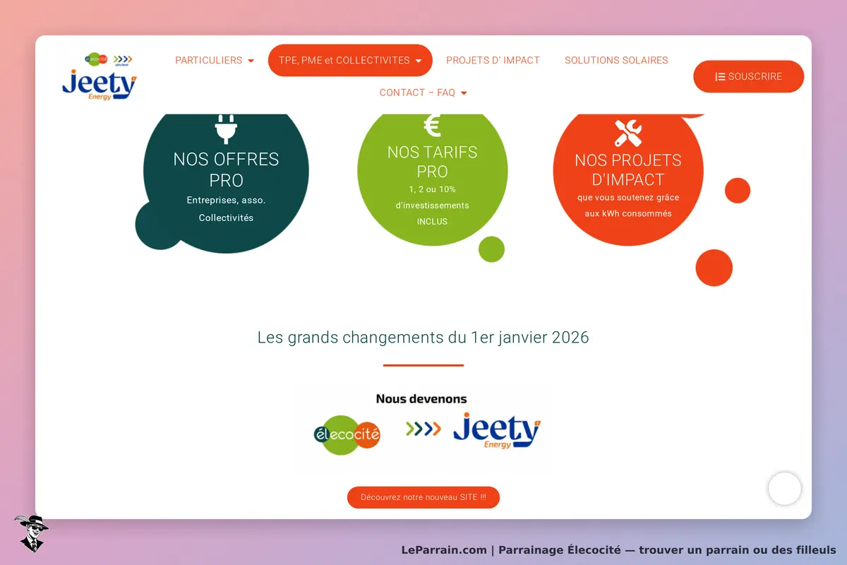 Élecocité : page d'accueil avec sections sur offres, tarifs et projets d'impact. Logo visible