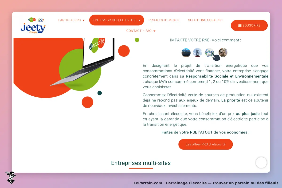 Élecocité : page d'accueil avec un texte sur l'impact RSE et un ordinateur portable affiché