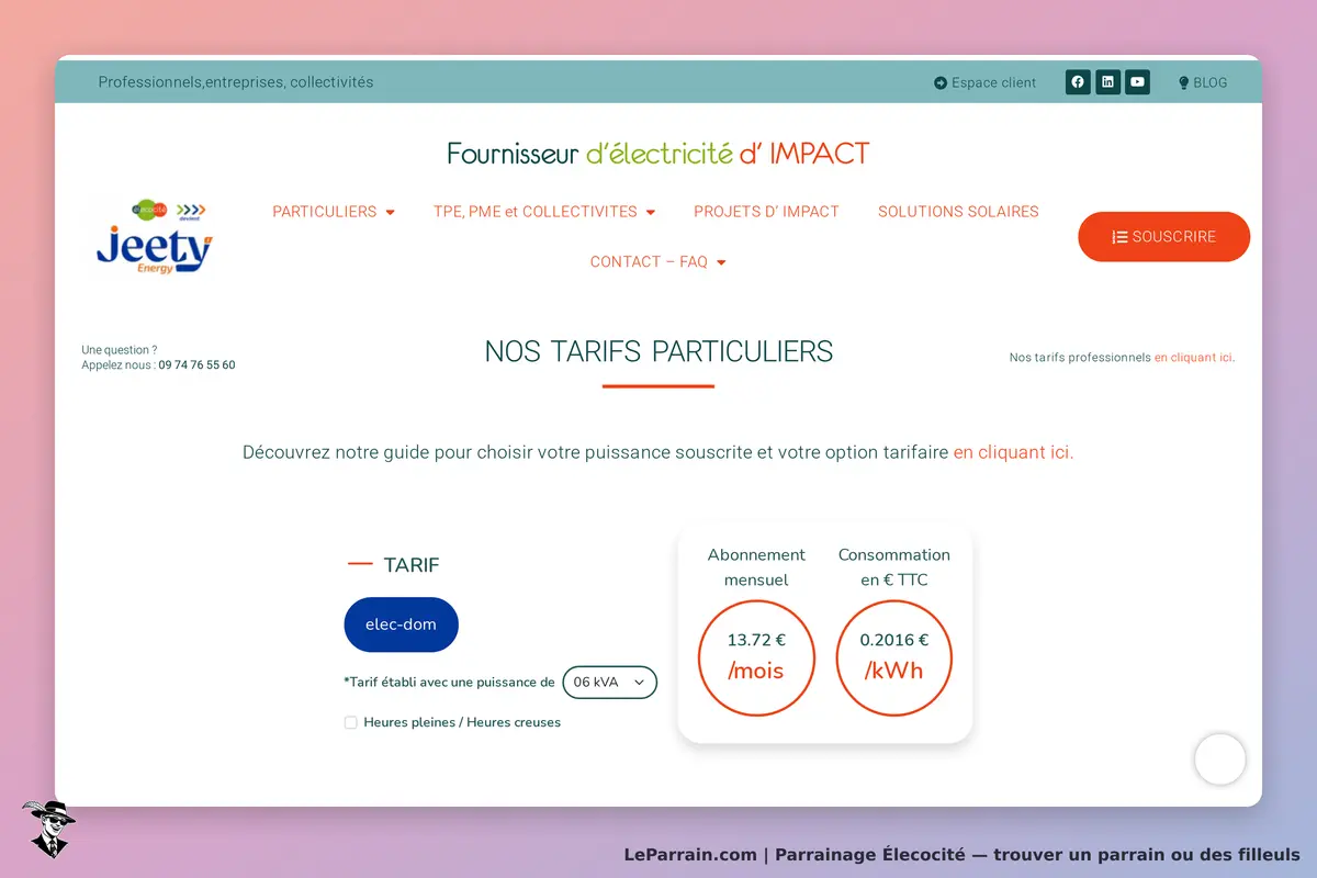 Élecocité : page d'accueil présentant les tarifs d'électricité pour particuliers et options