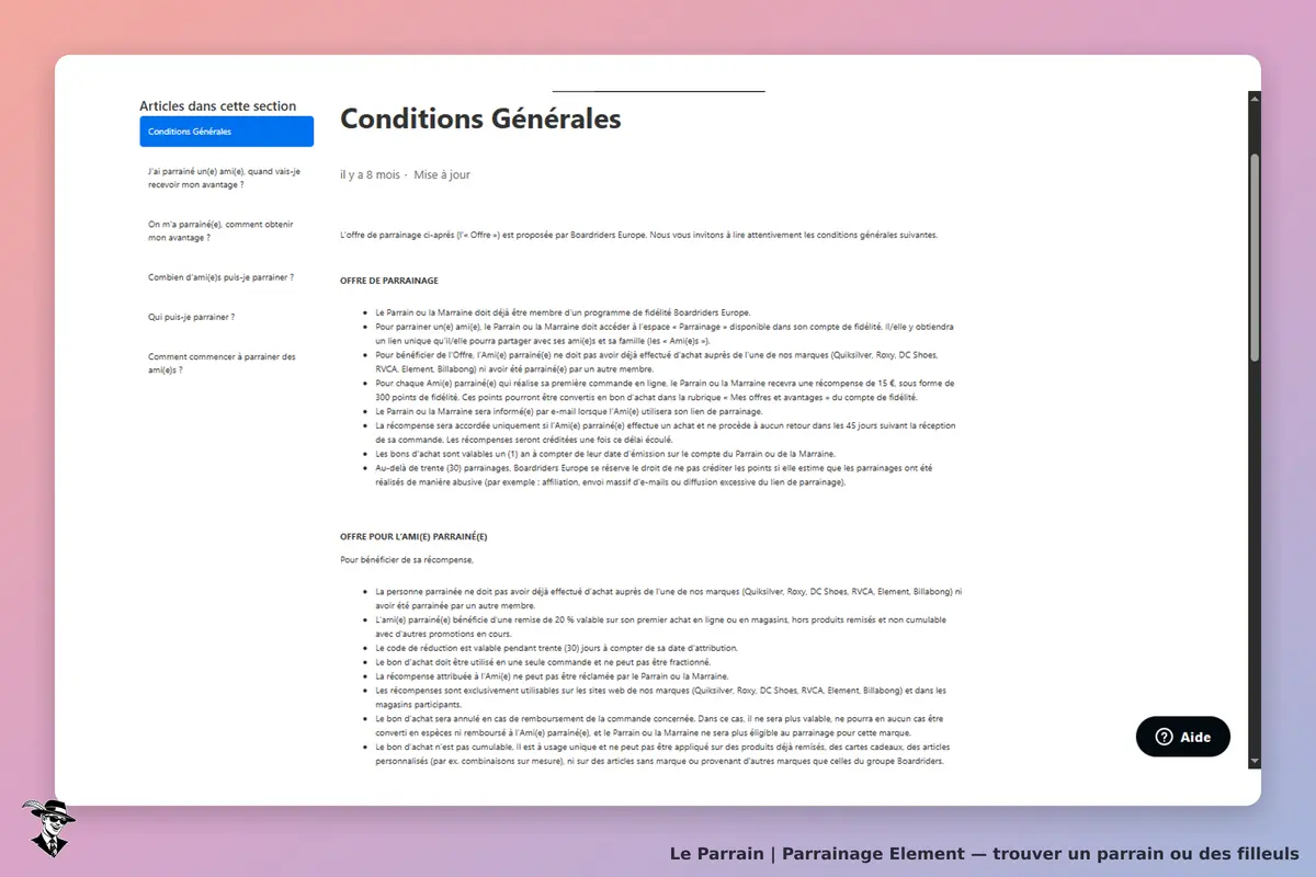 Element : capture d'écran des conditions générales du programme de parrainage