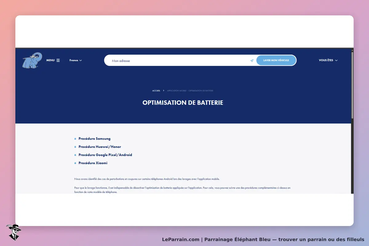 Éléphant Bleu : page sur l'optimisation de batterie avec plusieurs procédures pour différents