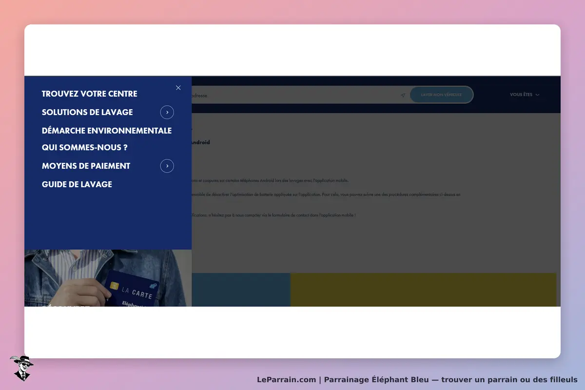 Éléphant Bleu : menu de navigation avec options pour trouver un centre et des solutions de lavage