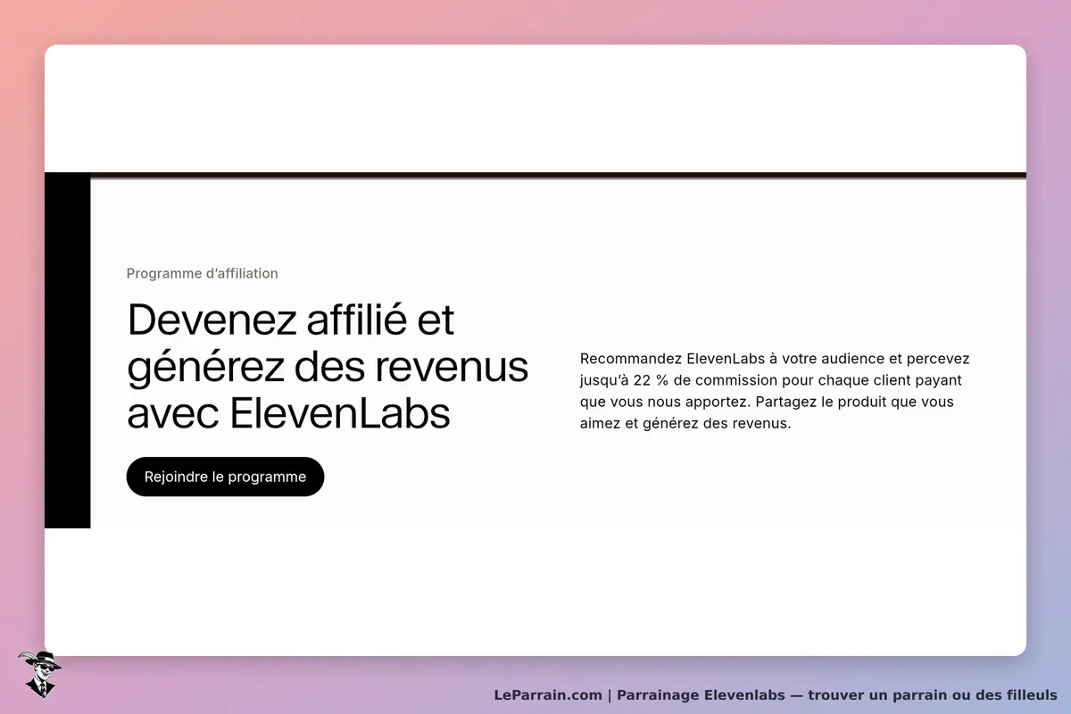 ElevenLabs : page d'accueil présentant le programme d'affiliation et un bouton pour s'inscrire