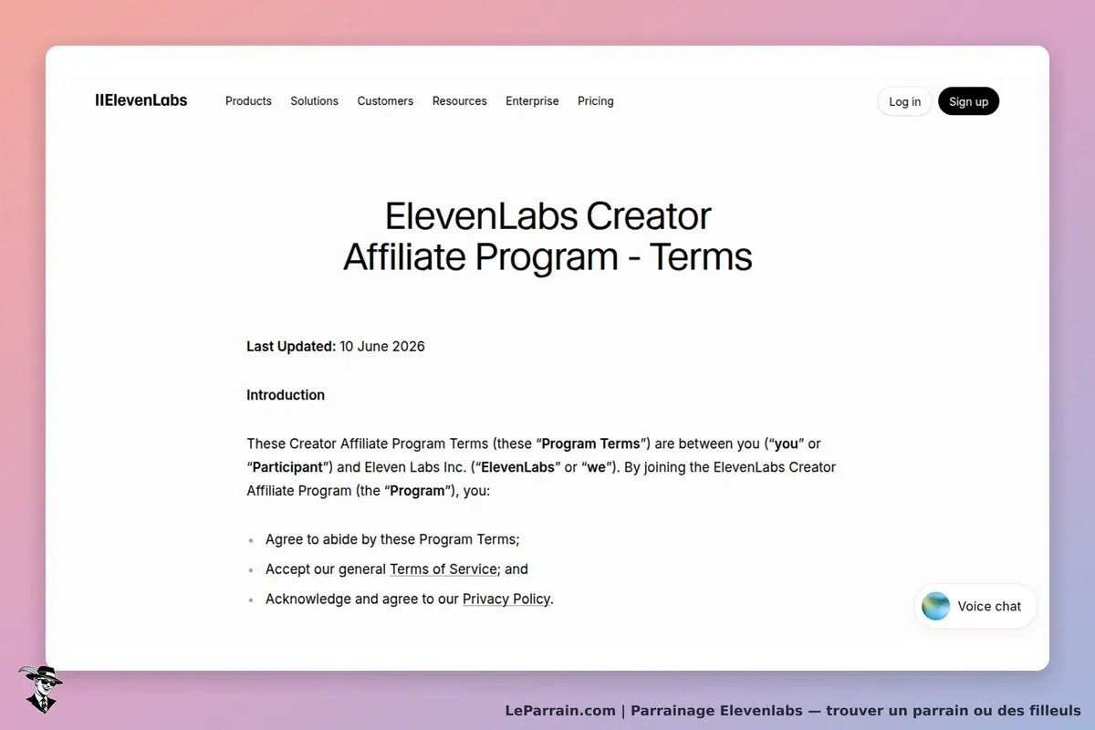 ElevenLabs : termes du programme d'affiliation Creator sur une page blanche avec texte