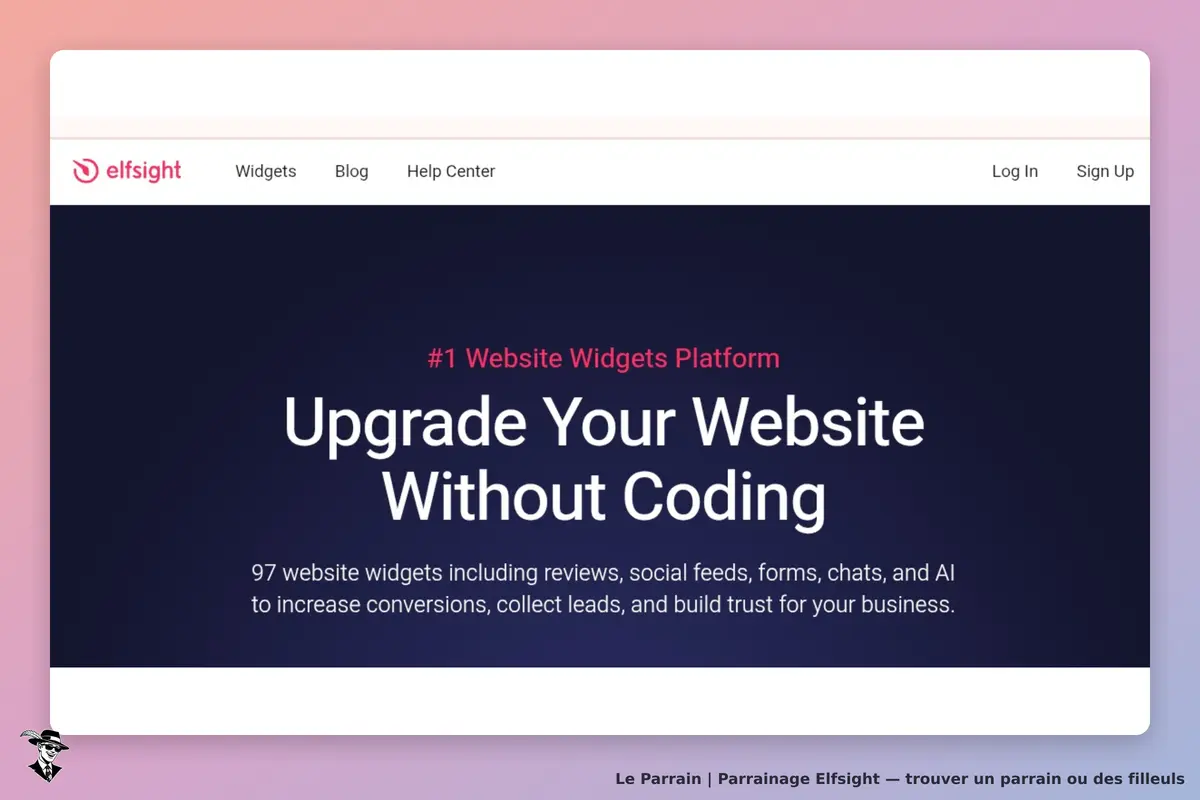 Elfsight : page d'accueil avec titre et description des widgets pour sites web