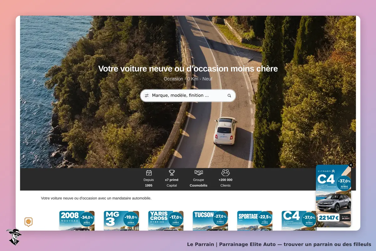 Elite Auto : page d'accueil avec un véhicule sur une route côtière et un formulaire de recherche