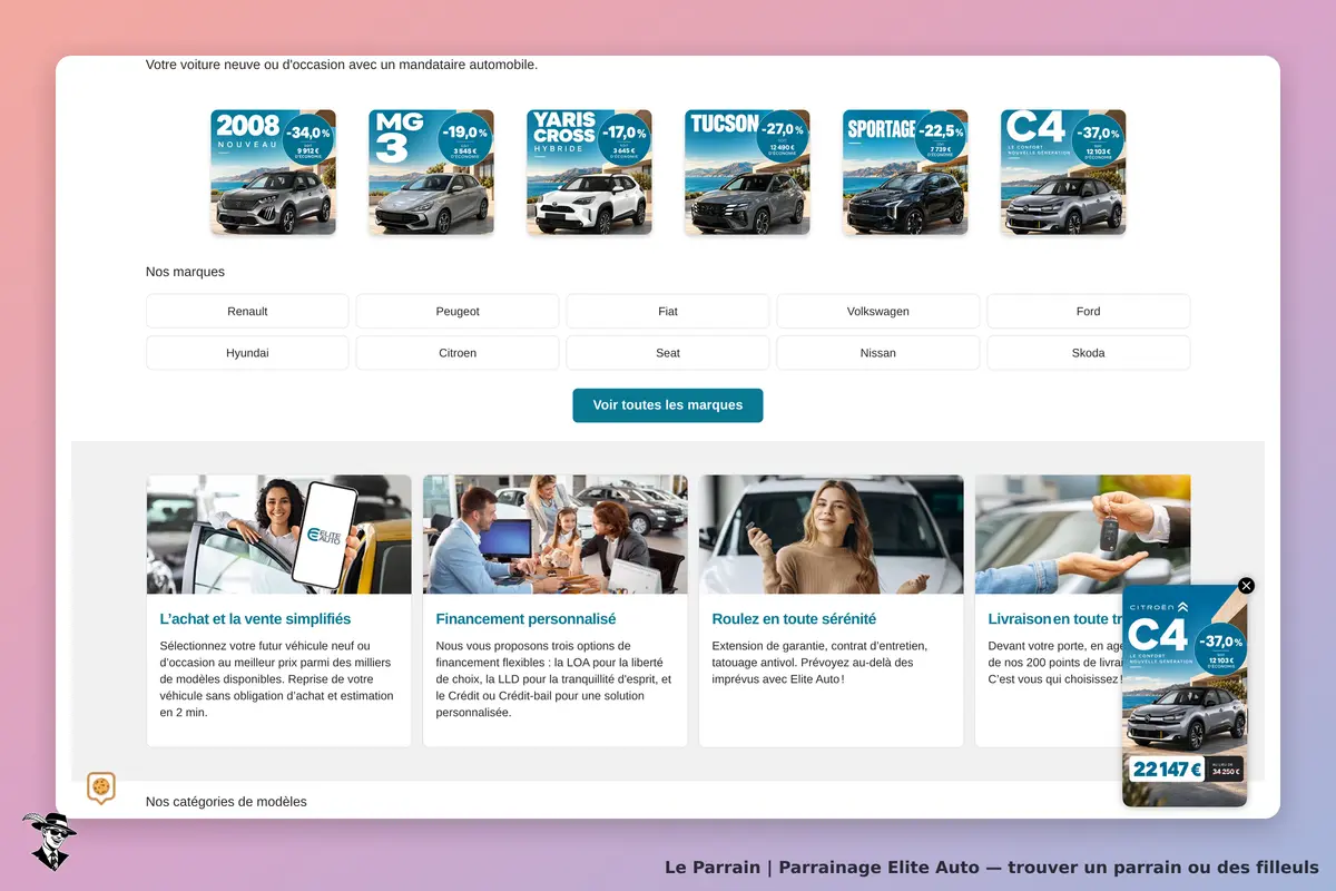 Elite Auto : page d'accueil avec voitures et services, marques affichées, images et informations