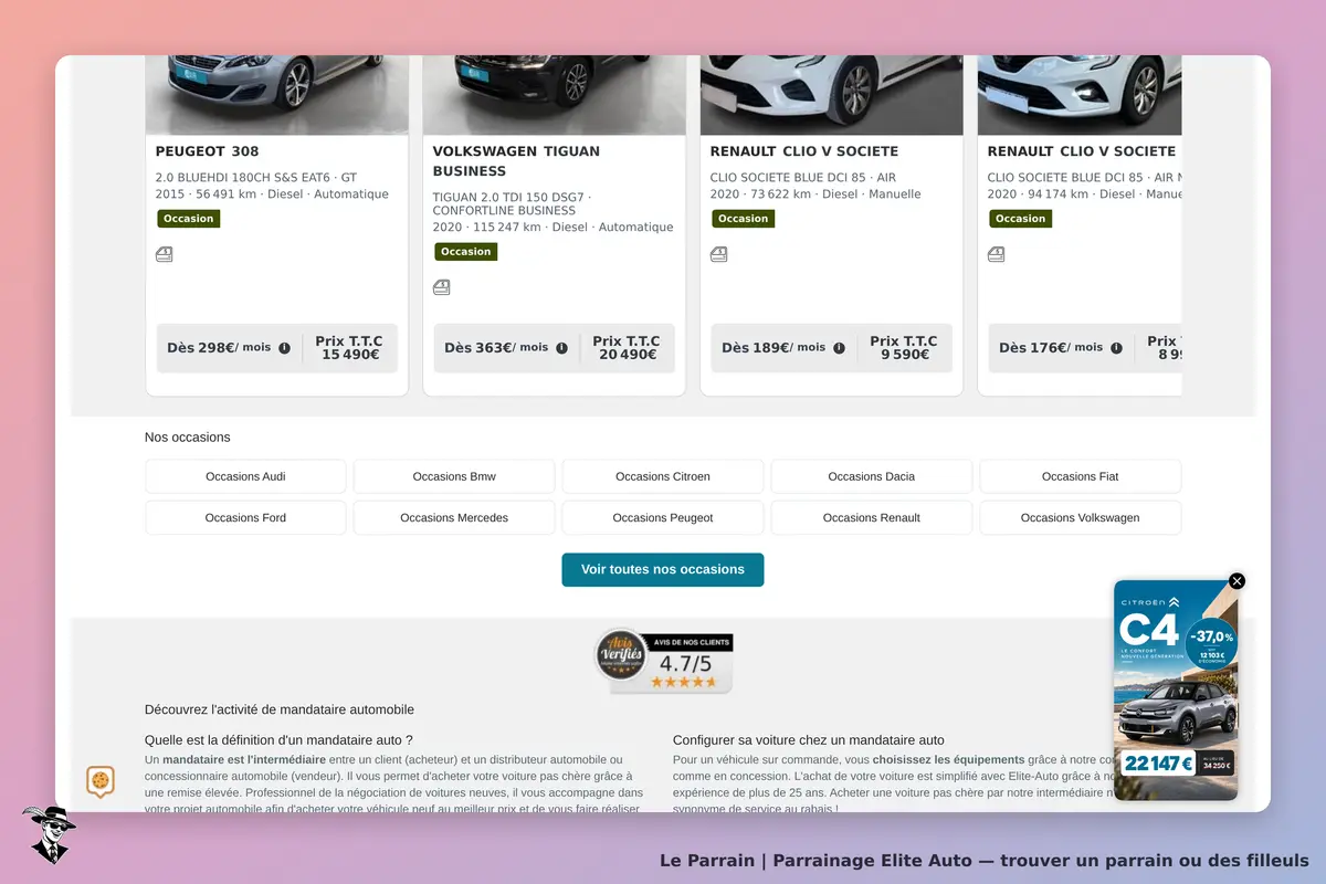 Elite Auto : page d'accueil avec voitures d'occasion et options de filtrage par marque
