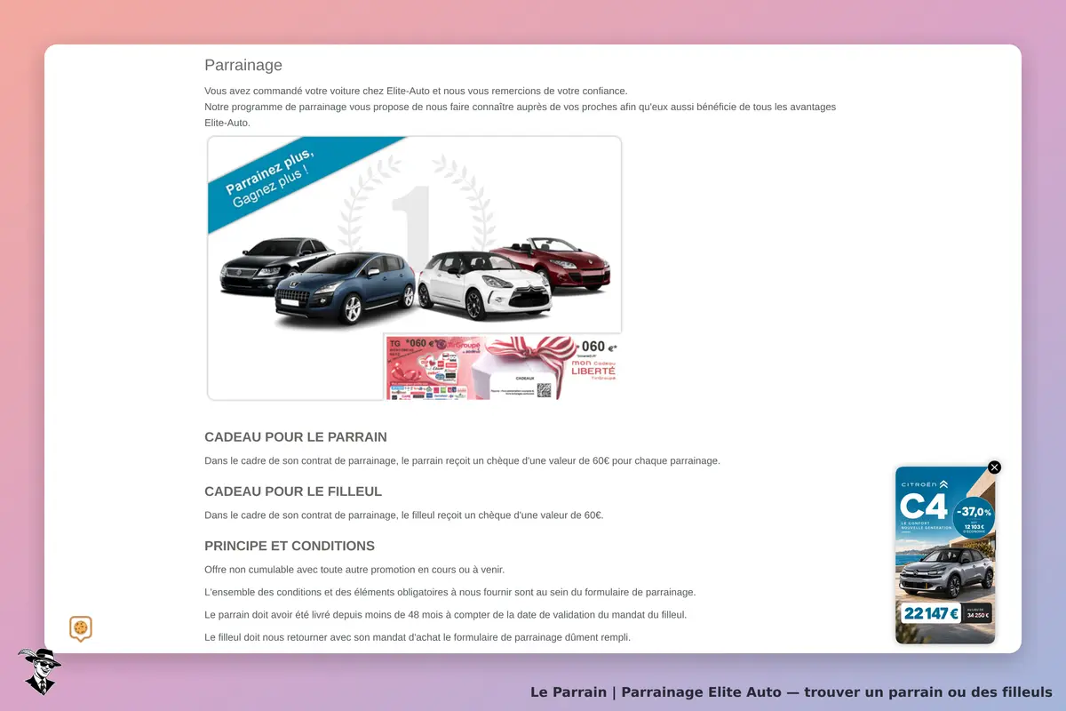 Elite Auto : page de parrainage avec des voitures et informations sur le programme de parrainage