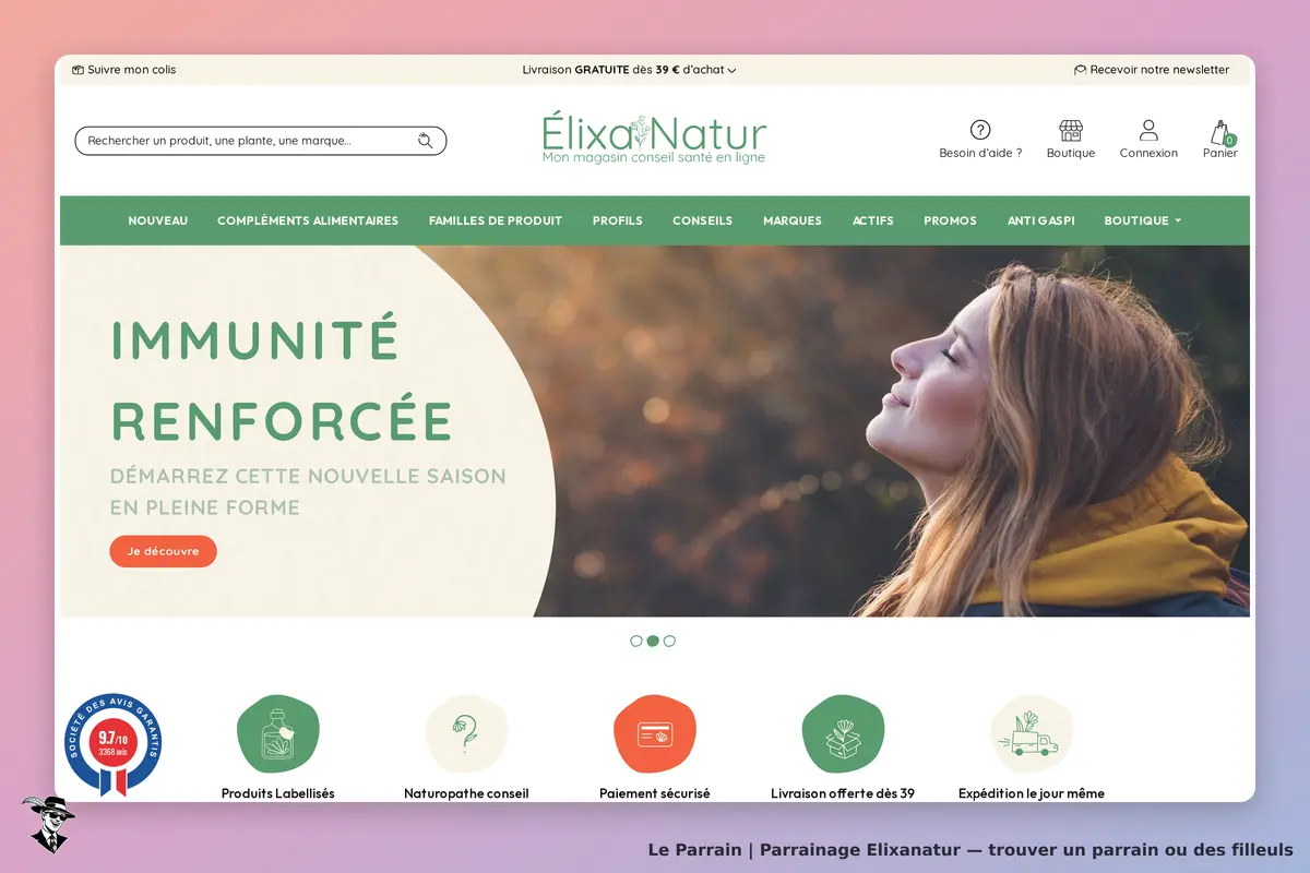 Elixanatur : élixaNatur : page d'accueil avec une femme souriante et le texte "Immunité renforcée"