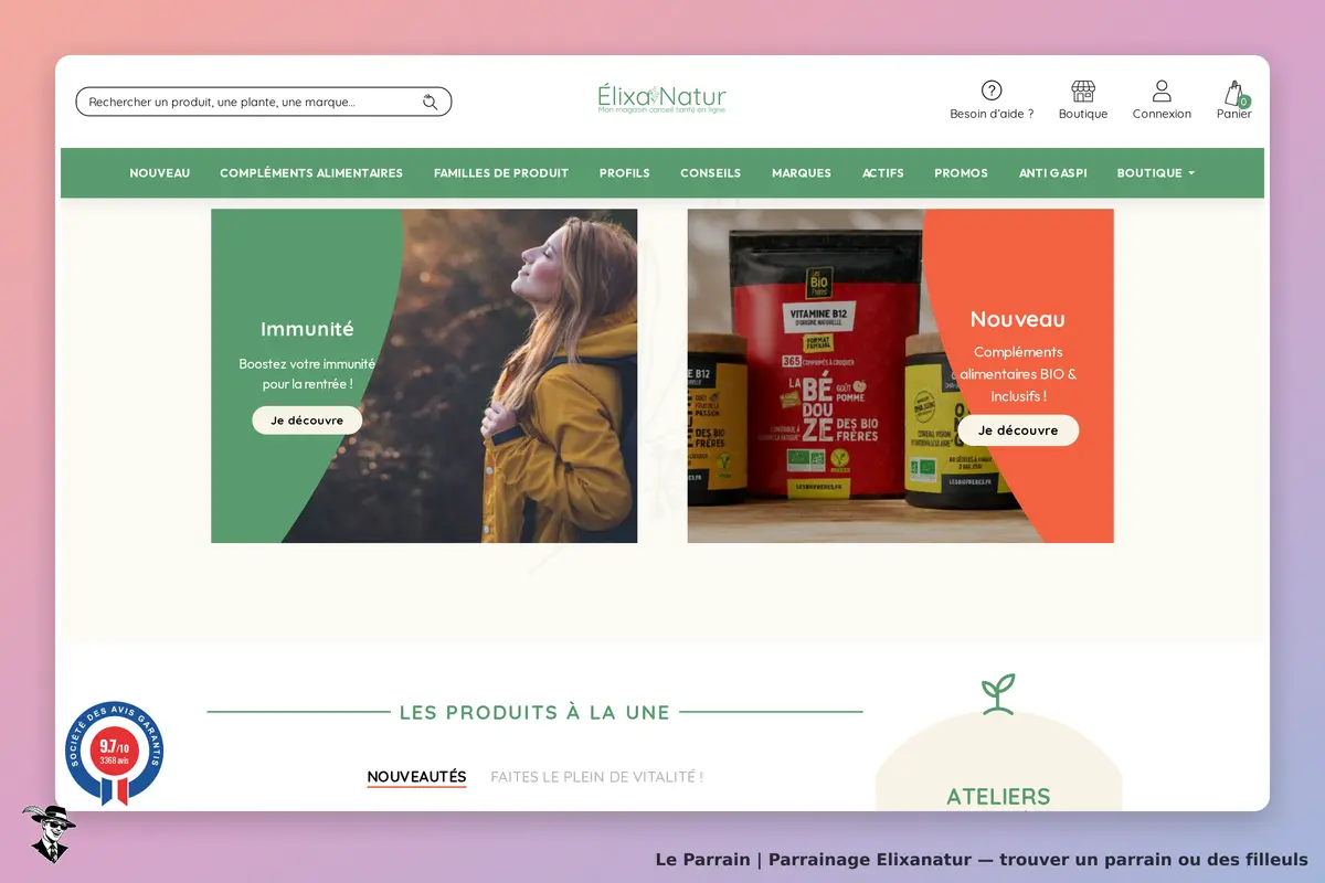 ElixaNatur : page d'accueil avec sections sur l'immunité et des produits bio affichés