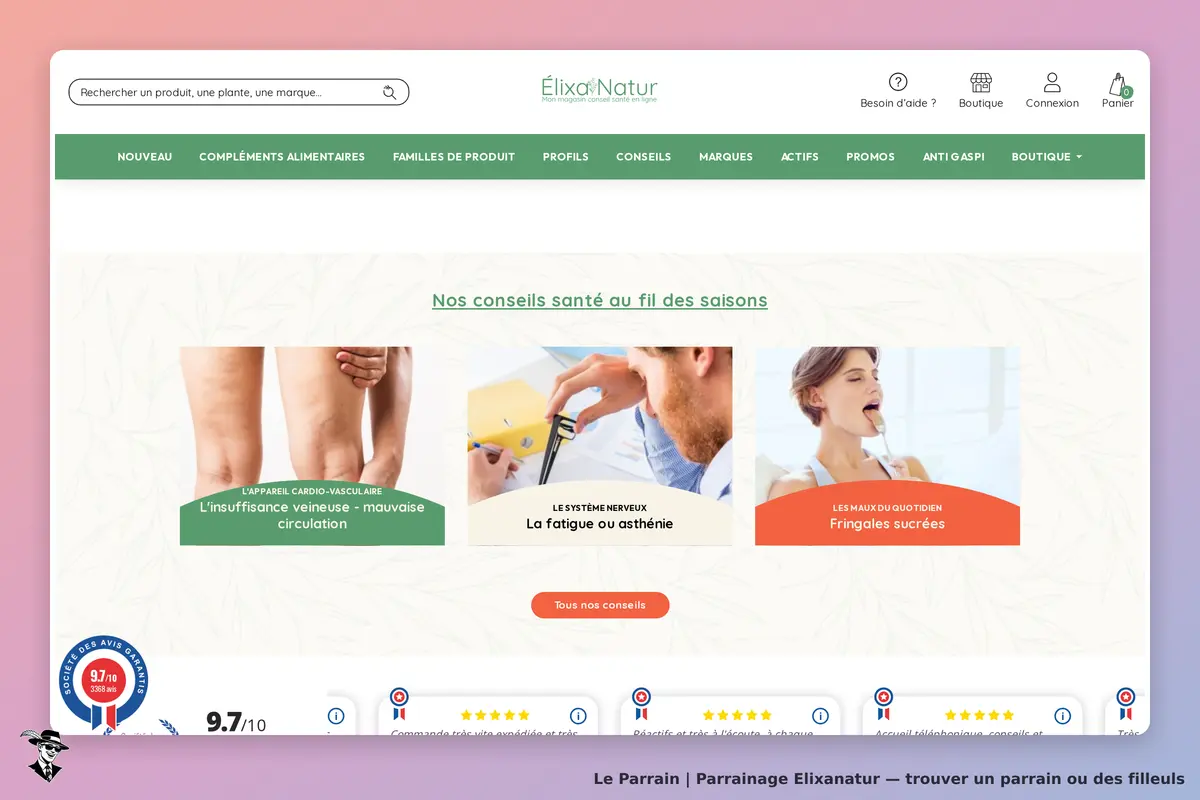 Elixanatur : page d'accueil avec conseils santé et images de produits et utilisateurs