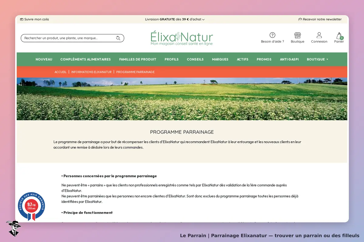 ElixaNatur : page du programme de parrainage avec texte explicatif et image de paysage