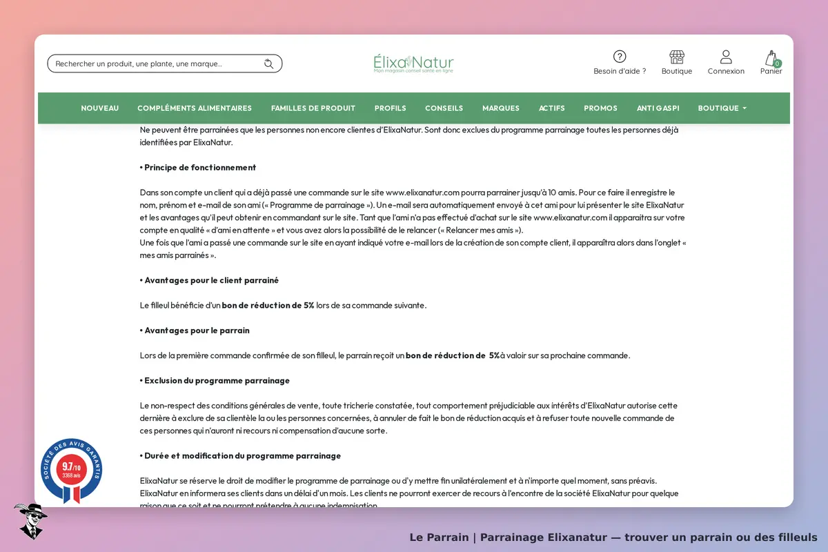 Elixanatur : section sur le programme de parrainage avec explications et avantages pour les clients