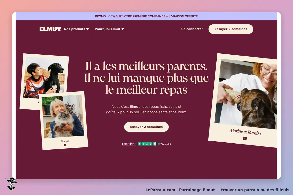Visuel d'accueil d'Elmut, repas sains pour animaux, avec photos d'animaux et de leurs propriétaires.