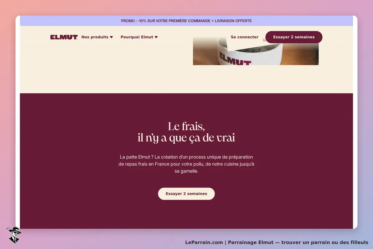 Page d'accueil Elmut avec slogan sur des repas frais et promotion actuelle.