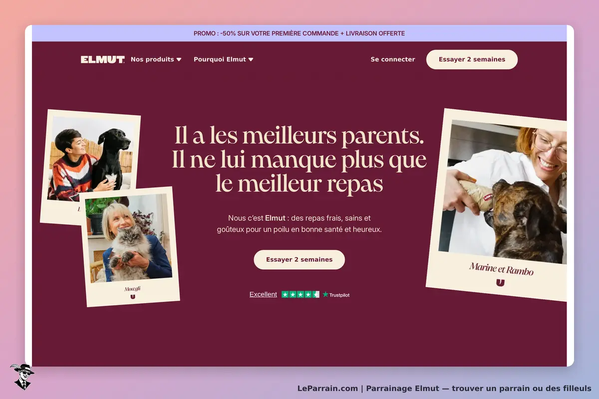 Visuel d'accueil Elmut avec animaux et texte sur repas sains pour chiens.