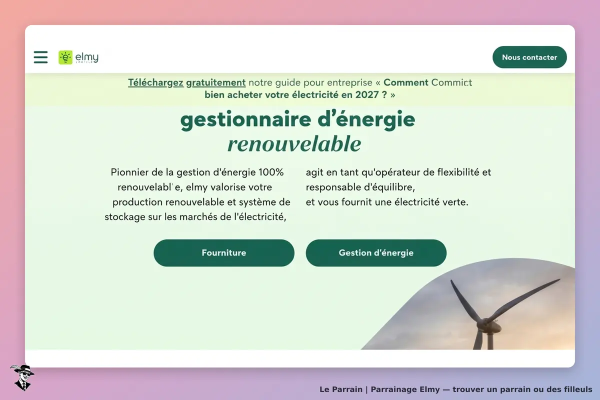 Elmy : page d'accueil présentant des services de gestion d'énergie renouvelable avec boutons
