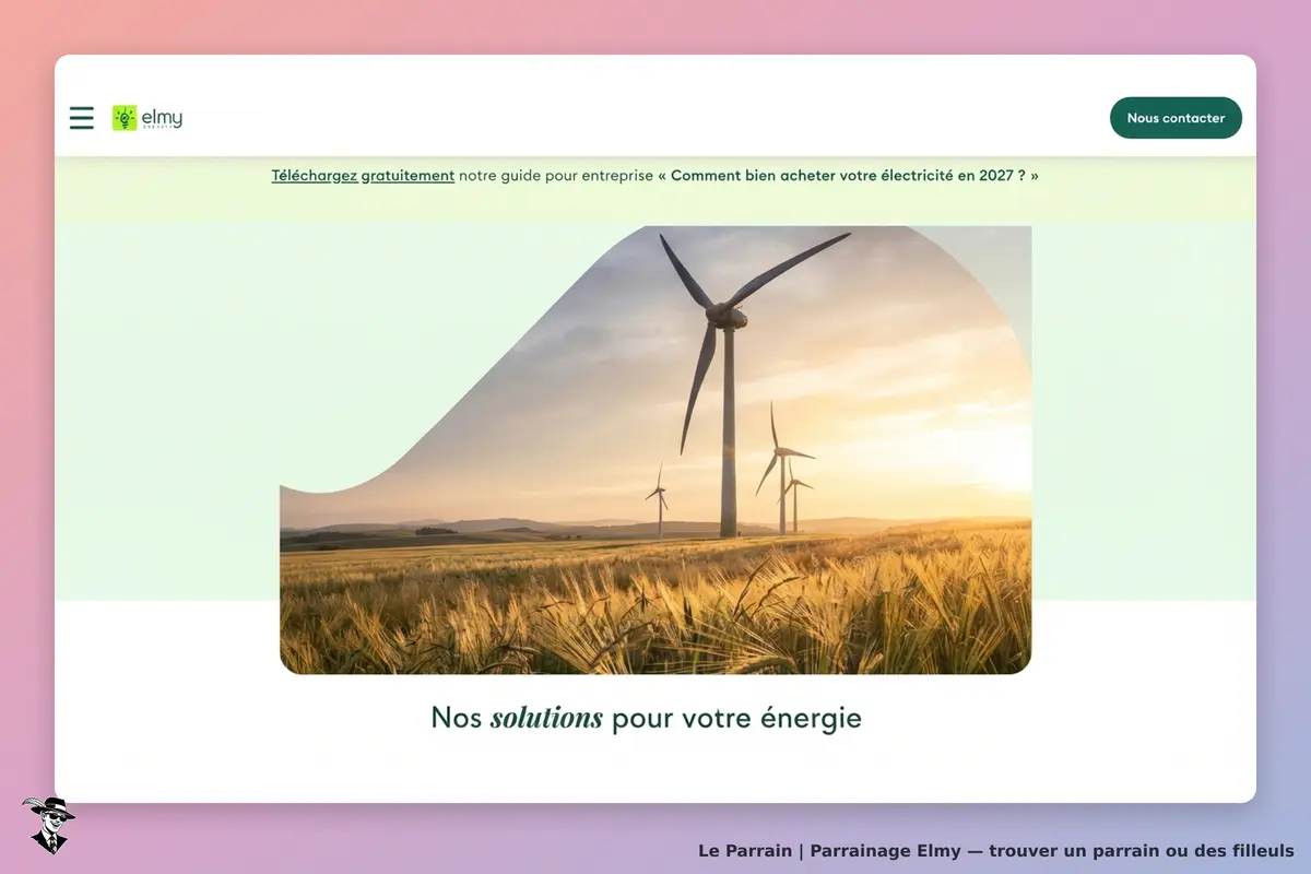 Elmy : image d'éoliennes dans un champ, avec le texte "Nos solutions pour votre énergie"