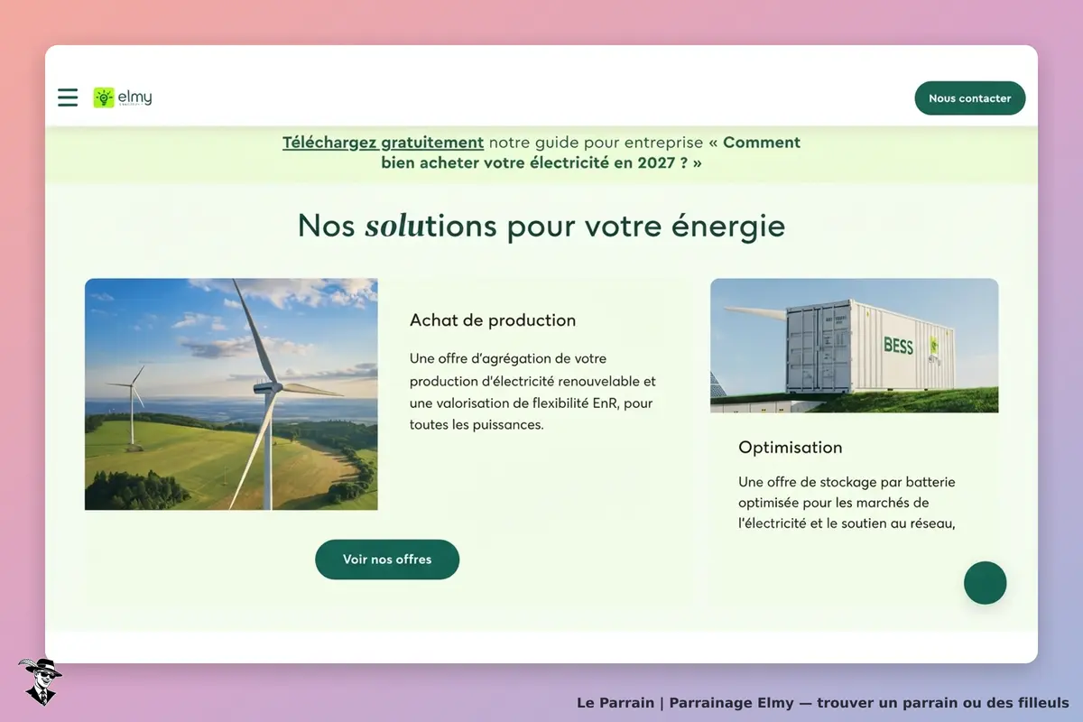 Elmy : page d'accueil présentant des solutions pour l'énergie avec images et descriptions